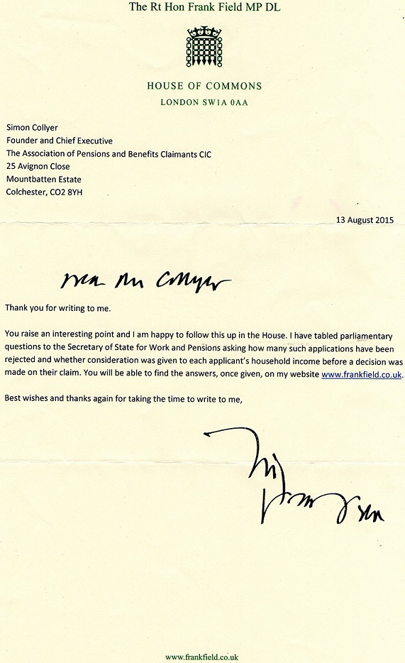 Frank Field MP Letter